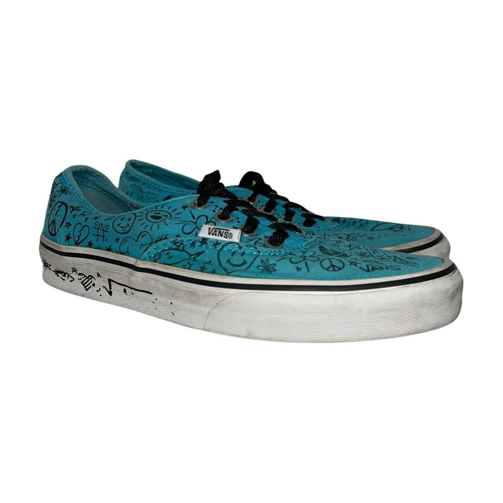 Vans Aqua Blue Graffiti Skull Bat Yin and Yang Smiley Face Sneakers M 6 W 7.5